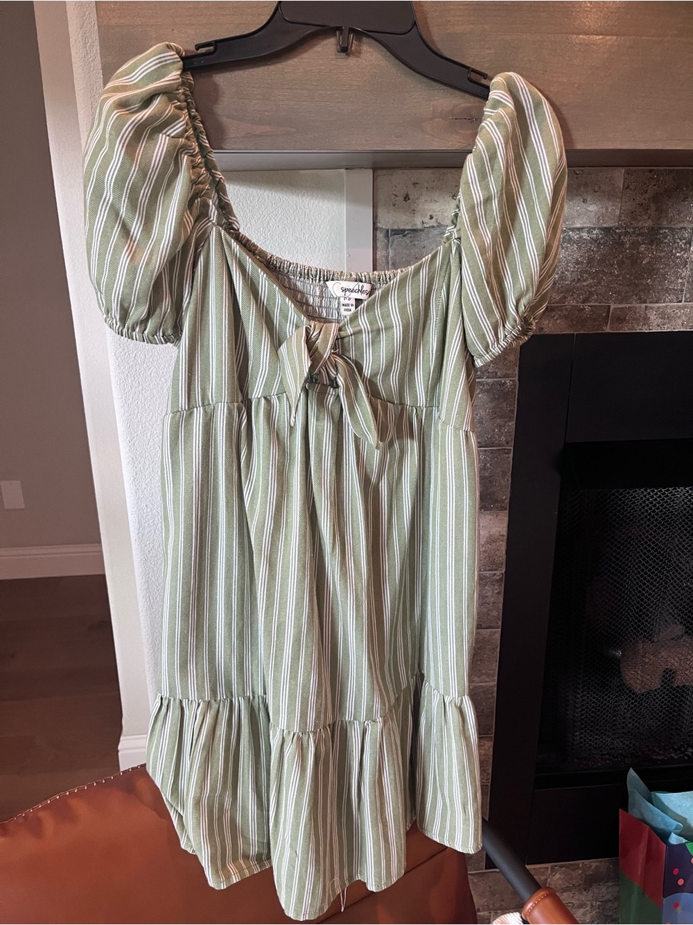 Green Stripe Puff-Sleeve Short Dress with Front Tie